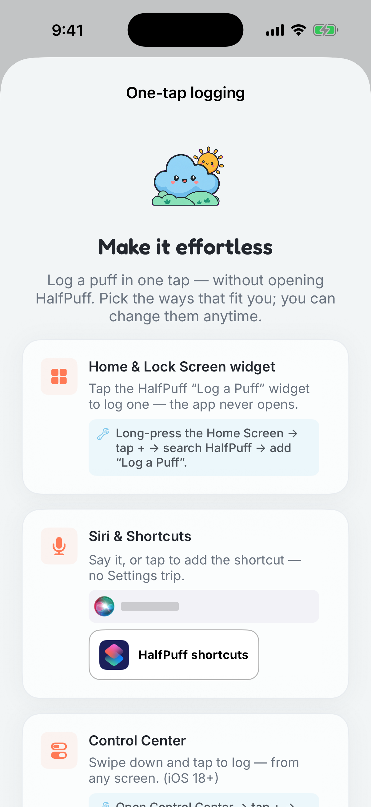 HalfPuff one-tap logging surfaces