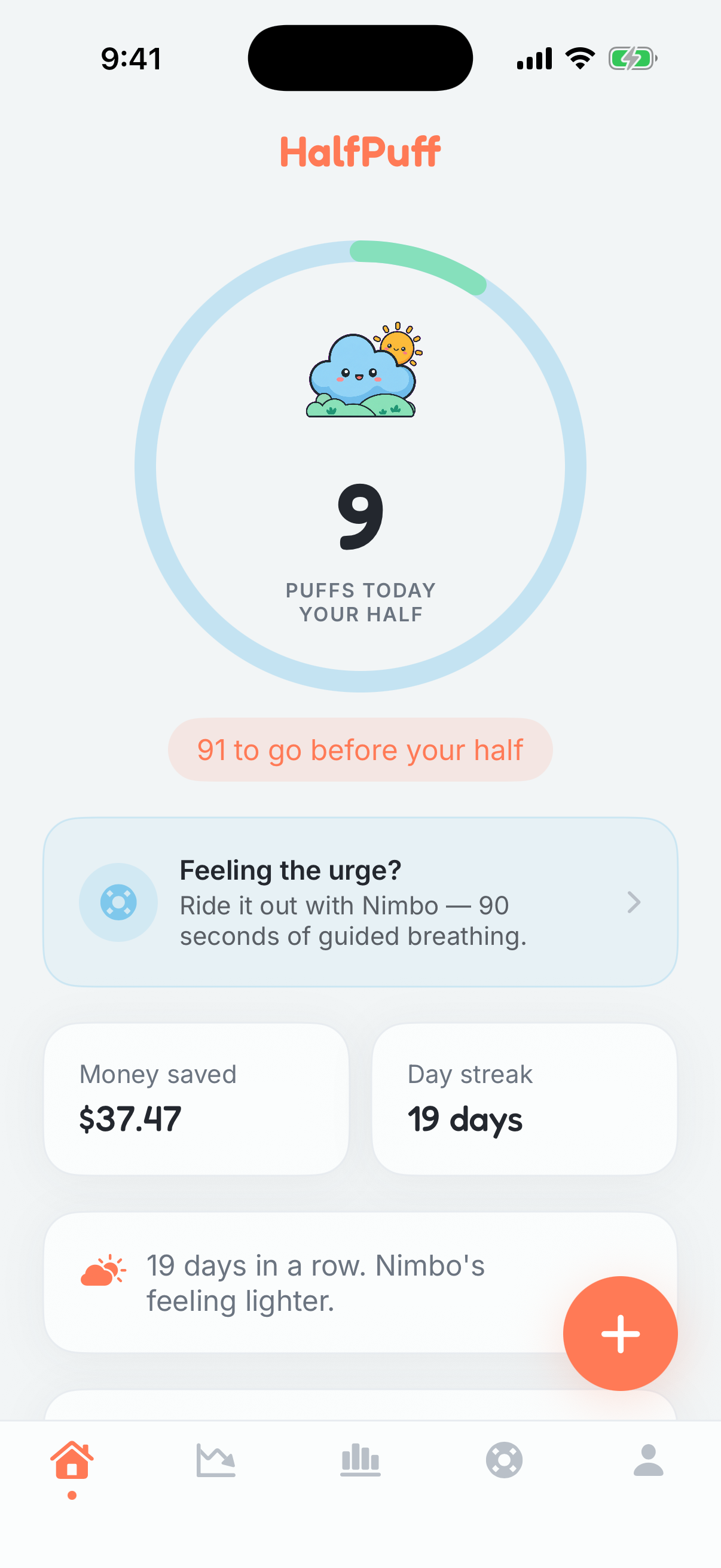 HalfPuff Today screen — puff count, money saved, vape-free date